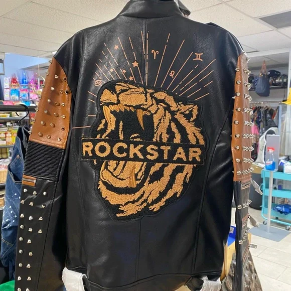 Robert Phillipe leather moto racer jacket w studs & tiger patch ROCKSTAR bnwt**
